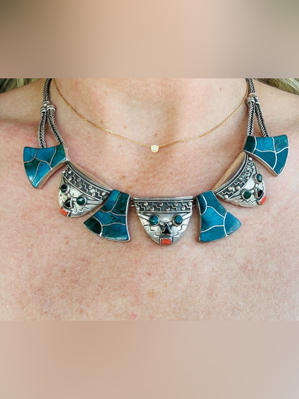 950 Silver Turquoise inlay  Tribal Peruvian Pendant Necklace  One of a Kind!